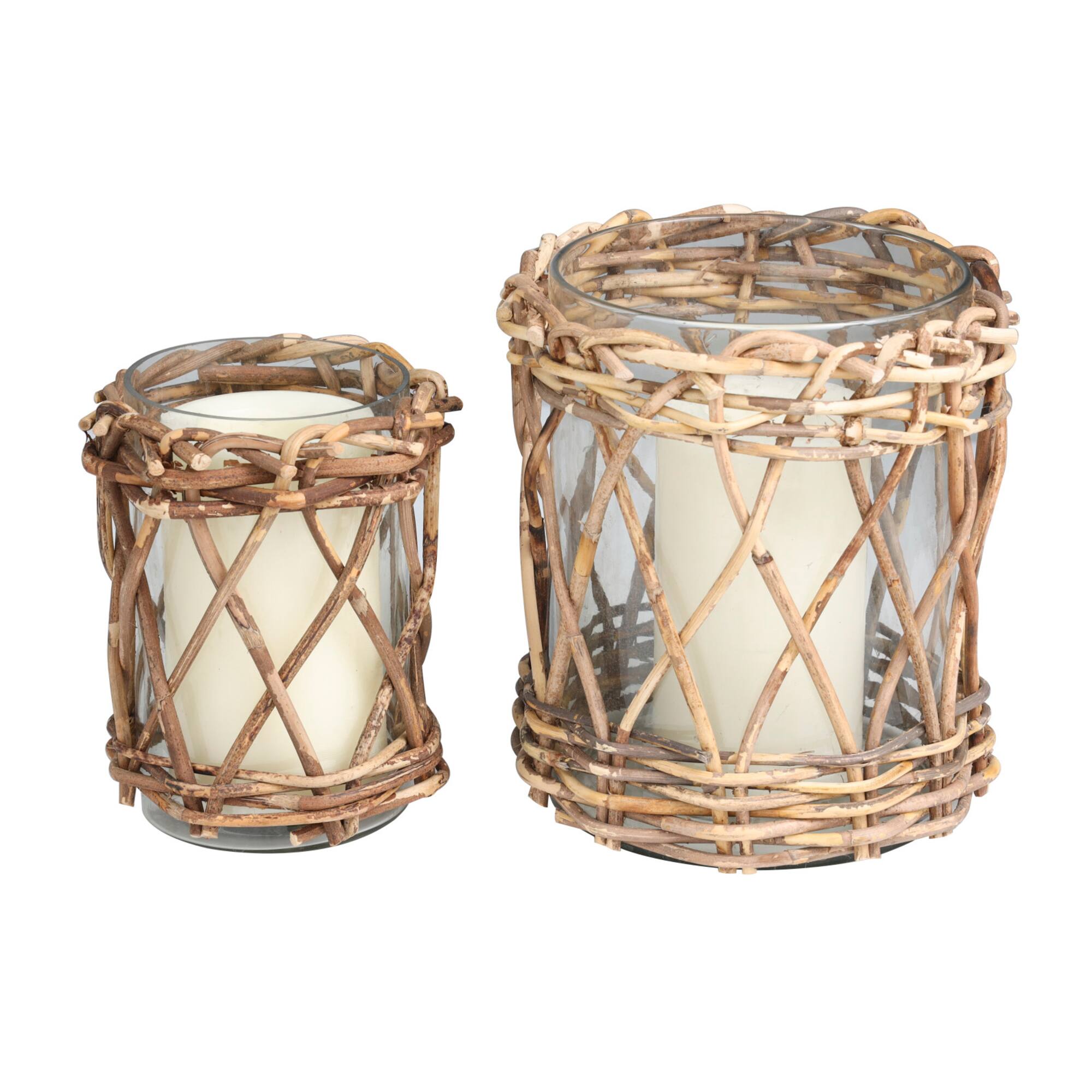 Clear Glass & Rattan Woven Candle Holder Set